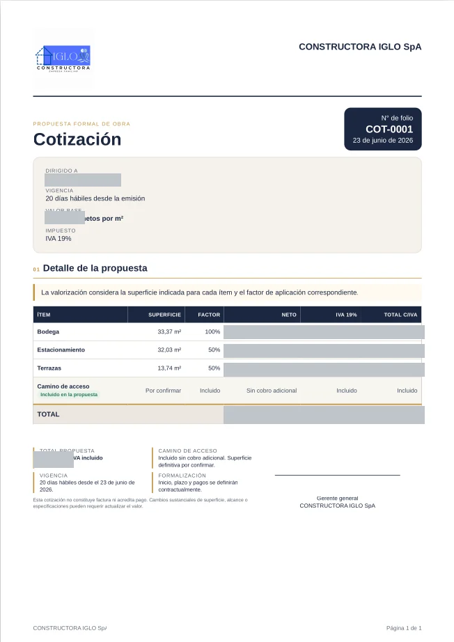 Cotización COT-0001 de Constructora IGLO SpA con folio, fecha, detalle de partidas por ítem, superficies, factores de aplicación, vigencia y condiciones de formalización; los montos, nombres y datos de contacto aparecen ocultos.