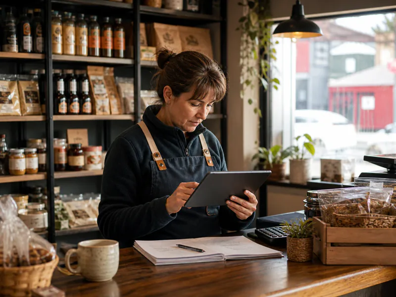 Comercio local revisando inventario con una tablet
