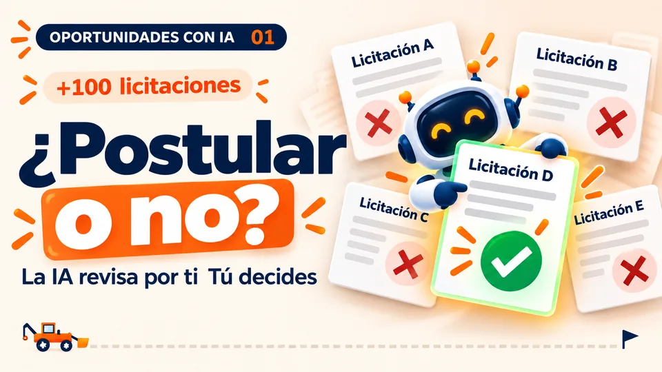 Miniatura del video 01: «¿Postular o no?». Un asistente revisa varias licitaciones, descarta cuatro y aprueba una.